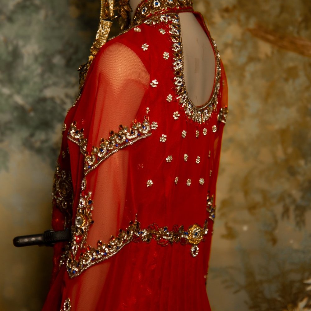 Hindi Indian south Asian wedding  fantasy red gold  dress encrusted with jewels - Picture 12 of 16
